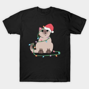 Siamese Cat Christmas lights funny cat lover xmas hat T-Shirt